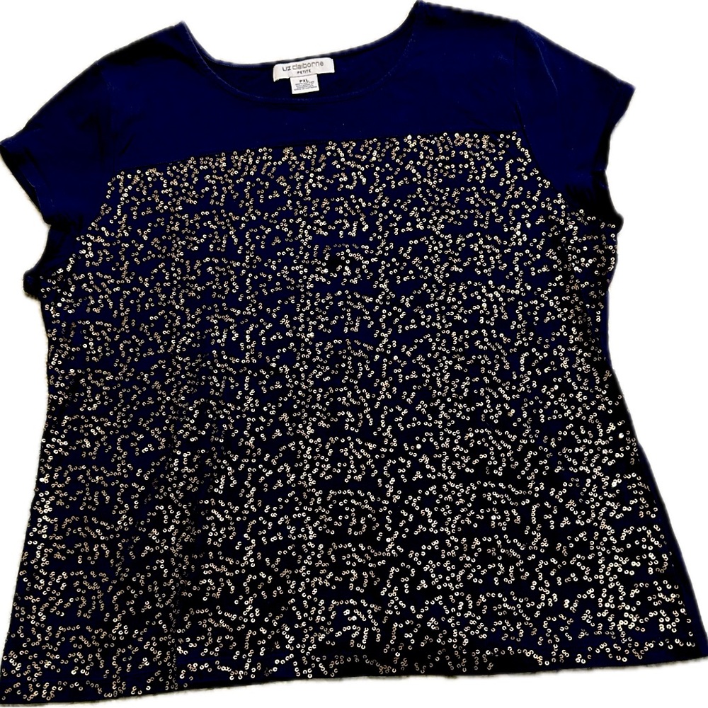Liz Claiborne Navy Cotton Tee with Gold Sequins